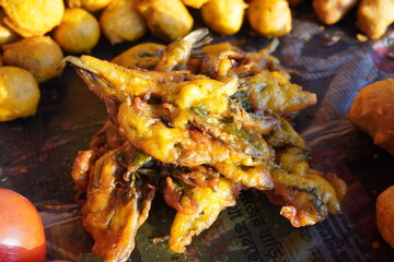 Gongura Pakora, a deep-fried Indian snack made with gongura leaves (sorrel leaves) and a batter of gram flour and spices