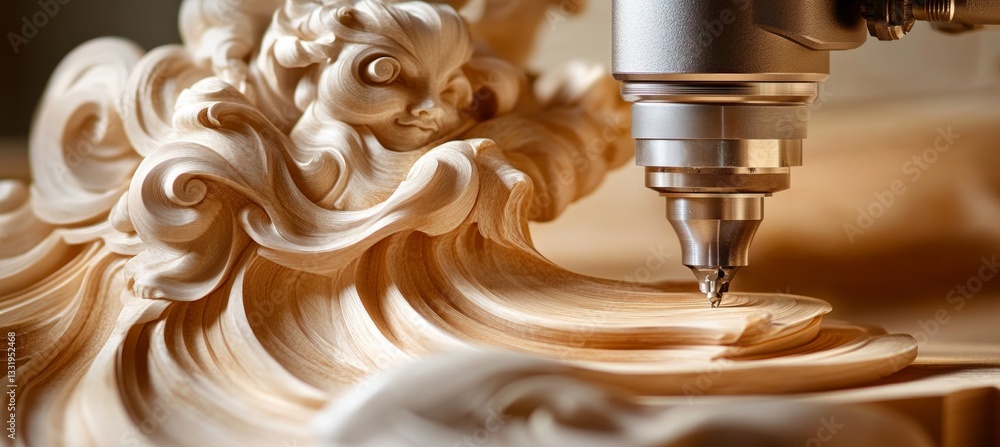 Poster cnc router precision carving intricate wood relief, detail of spindle and 3d pattern