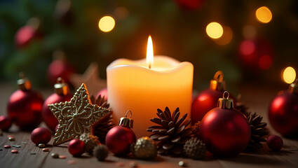 Elegant Candle Surrounded by Festive Holiday Decorations: Create a Warm Cozy Ambiance for Your Holiday Marketing and Decor Concept - Simple Flat Cute Vector Illustration for Smart Business