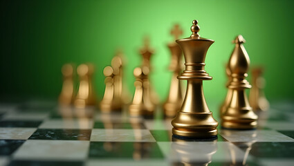 Elegant Golden Chess Set on Marble Board: Luxurious Strategy in Green