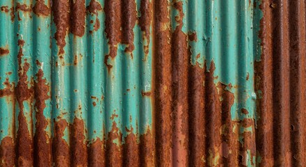Obraz premium Peeling Paint on Corrugated Metal Showing Rust and Weathering
