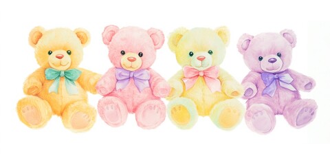 Four colorful teddy bears sitting and waiting for a hug