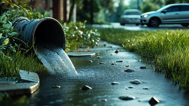 Water flowing from a metal pipe into a drain on a suburban street captures urban life