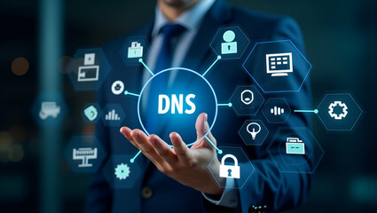 Man Engaging with DNS Interface: Icons Illustrating Internet Connectivity, Data Security, Website Management, and Server Operations - Highlighting DNS Importance in Stock Photo Concept