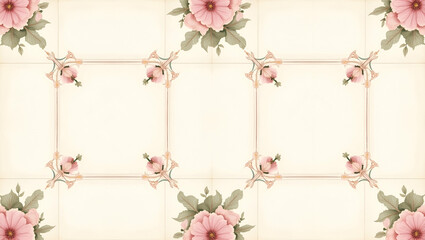 Antique Pink Roses and Faded Green Leaves: Vintage Seamless Tile Pattern for Classic Kitchens - Perfect Photo Stock Concept with Empty Space on the Left Side for Design Flexibility