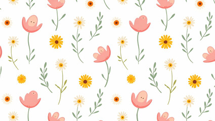 Whimsical Wildflowers: Colorful Daisies & Poppies Seamless Tile Pattern