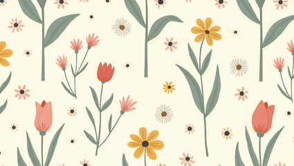 Mid Century Modern Seamless Tile Pattern: Retro Tulips & Daisies in Muted Pastels for Vintage Rooms