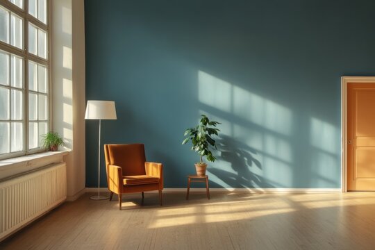 Empty room with blue walls, a wooden floor, and an orange armchair. A window is on the left side. Sunlight is coming in from behind. There is also one small plant near the wall.
