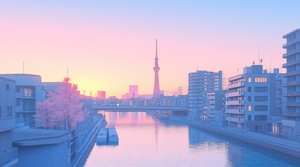 Naklejka premium Serene sunset view of a city skyline with a river, featuring modern buildings and a tower in pastel colors