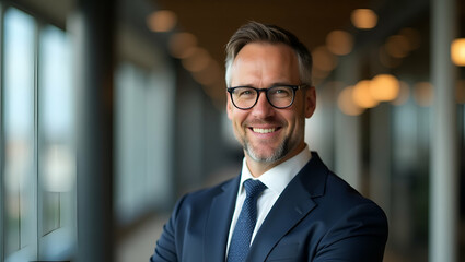 Fototapeta premium Confident Mature Businessman in Stylish Office: Headshot of a Successful CEO and Executive Manager Wearing Glasses - Elegant Corporate Leader Portrait with Space for Text