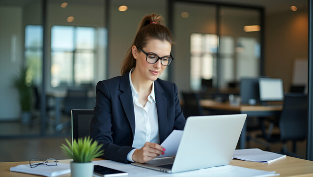 Flat Busy 40 years old business woman entrepreneur working in office checking documents in office businesswoman of middle age account manager executive or lawyer using laptop computer at work. concept