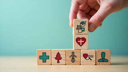 Hand Stacking Wooden Blocks with Medical Icons: Symbolizing Healthcare and Health Insurance Management Concepts in Stock Photo with Empty Space for Customization