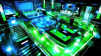 Obraz premium Futuristic interior design, glowing rooms, modern home, concept illustration
