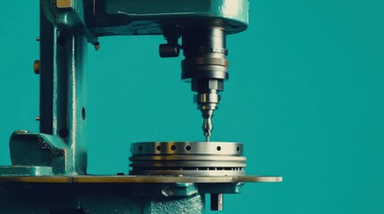 A heavy-duty industrial drill press operating on a solid vibrant background