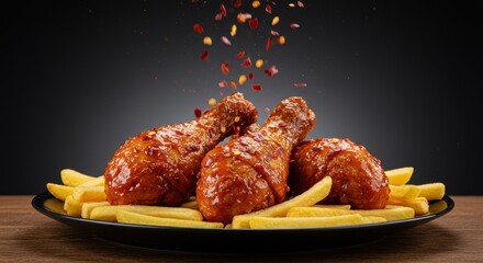 A plate of spicy glazed chicken drumsticks with a crispy outer layer served with golden French fries