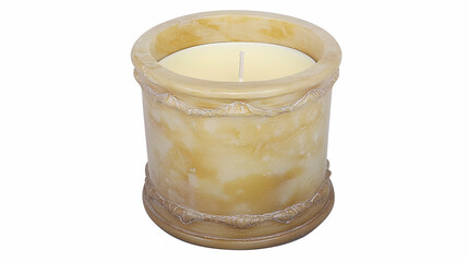Scented candle, beige container, relaxing aroma, white background, home decor