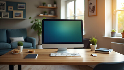 Flat A working room with a computer placed on the table illustrating home office setup and productivity in remote work environments concept as Working room with a computer on the table illustrating ho