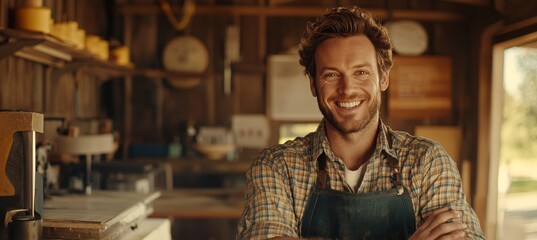 Portrait Of A Confident Carpenter In Apron, Smiling Woodworker In Workshop With Arms Crossed