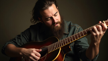 Obraz premium Artisan Vibe: Flat Vector of Bearded Musician Strumming Guitar