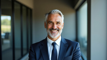 Naklejka premium Smiling Middle-Aged Indian CEO Portrait in Modern Office Setting