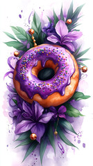 A delicious purple-glazed donut decorated with small berries and elegant violet flowers. The composition combines sweetness with botanical beauty, creating a visually stunning image.