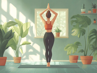 A peaceful morning scene featuring a woman practicing yoga in a bright room filled with lush green plants. The sunlight streams through the windows, creating a warm and relaxing atmosphere.