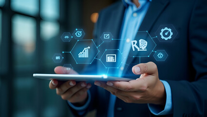 Fototapeta premium Businessman interacts with R&D icons on digital interface representing research and development innovation technology and human resources for strategic growth. concept as Businessman interacts with R&