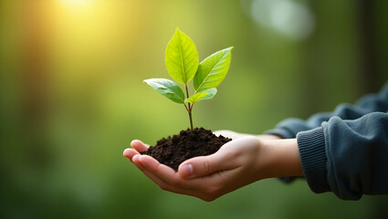 Hand child holding the small tree for planting for environment green world earth day Day. concept caring tree and Love protect nature concept as Child holding small tree for planting symbolizing envir
