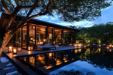 Obraz premium A luxurious beachfront bungalow in the Maldives (or Bali) at sunset, illuminated by warm ambient lighting