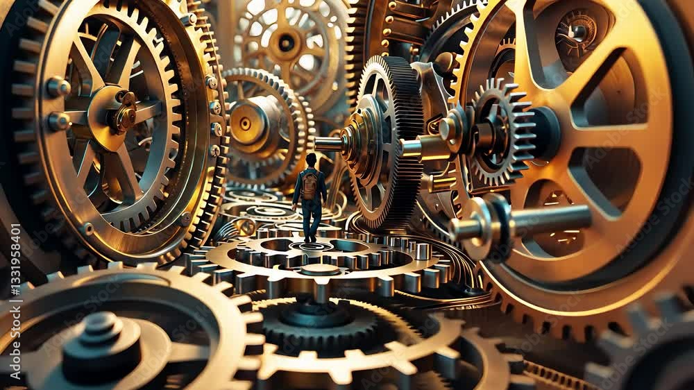 Poster close-up view of complex industrial gears with a small worker walking amidst the mechanical system