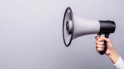 Hand Holding Gray Megaphone Against Light Gray Background
