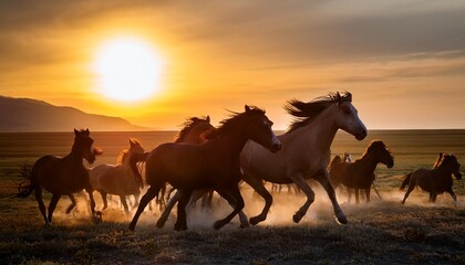 A powerful strong stallion confidently leads a herd of wild horses across the vast steppe, the wind whipping through their manes, embodying untamed freedom and leadership