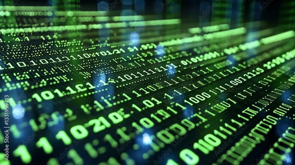 Poster binary code streams across a dark background, highlighting data flow in tech
