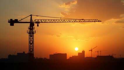Construction Crane Silhouetted Against Sunset: 2026 Urban Development Projects Concept with Empty Space