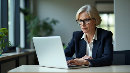 Fototapeta premium Flat Vector Illustration of a Serious Middle-Aged Businesswoman in Glasses Working on a Laptop at Her Office Desk - Professional Manager Executing Digital Projects with Focused Expression