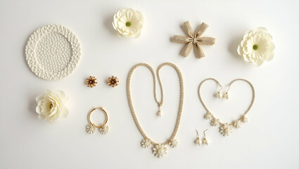 Naklejka premium Sophisticated Flat Lay of Minimalist Bridal Accessory Set: Elegant Jewelry and Decorative Elements for Your Special Wedding Day with Ample Empty Space for Customization