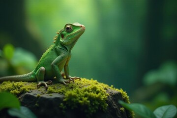 Fototapeta premium A vibrant green reptile perched atop a moss-covered rock, basking in the soft light of a lush, verdant forest