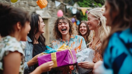 Fototapeta premium A joyful gathering filled with laughter and colorful gifts. Friends celebrate a special occasion in a festive outdoor setting. Happiness shines in every moment. Generative AI