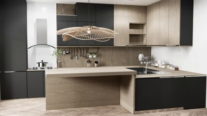 blank concept kitchen room scene mockup and set shaped kitchen design. 3d rendering
