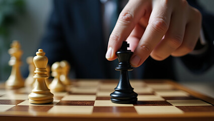 Flat A hand moves a chess piece on a wooden board. The focus is on the black king representing strategy and leadership concept as Hand placing black king on wooden chessboard highlighting strategy lea