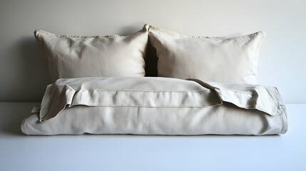 Cream-colored bedding set, neatly arranged on a white surface against a light wall; minimalist bedroom styling; ideal for online store product display