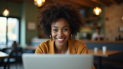 Stylish Young African American Hipster Woman with Afro Hair Engaging in Virtual Chat at Cafe