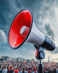 Red and White Megaphone before a Large Crowd Under a Dramatic Sky