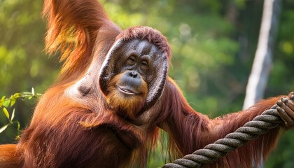 A graceful Sumatran orangutan, with its distinctive long, orange hair, effortlessly swings from branch to branch in the dense rainforest canopy, a symbol of arboreal agility.

