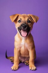 Happy puppy on vibrant purple background with tongue out