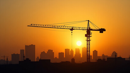 2026 Urban Development: Construction Crane Silhouetted at Sunset
