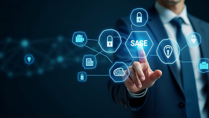 Businessman Engages with SASE Icons on Digital Interface: Exploring Secure Access Service Edge Technology for Cloud Security and Cybersecurity Solutions - Stock Photo Concept