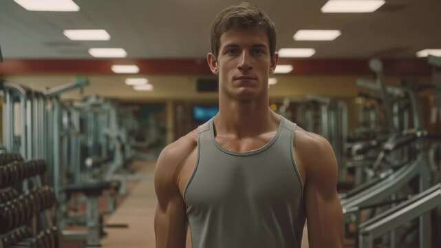 Muscular man in gym. Sports lifestyle and athletic training concept for fitness, bodybuilding motivation, workout videos and sports commercial or social media.