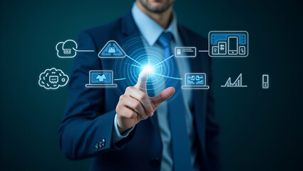 Enhancing Digital Literacy in Schools: A Hand Interacting with a Holographic Device Against an Empty Space Background - Innovative Education Concepts for Future Learning