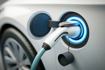 Electric vehicle charging at a modern station in a sunny urban setting